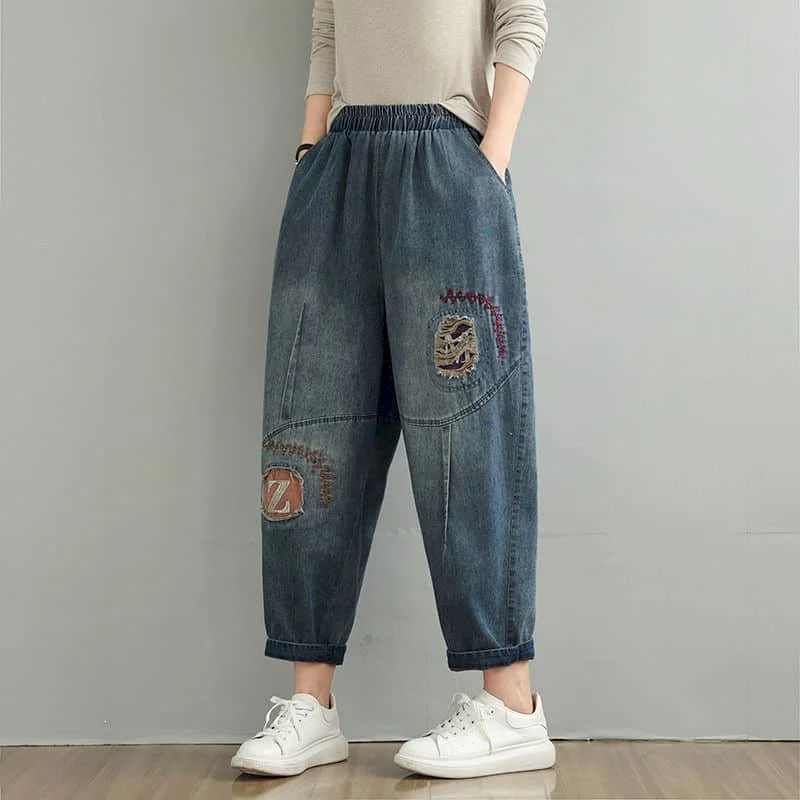 

Cropped Jeans Women Casual Loose Contrast Color Embroidery Denim Harem Pants Vintage Elastic Waisted Streetwear Women Clothing