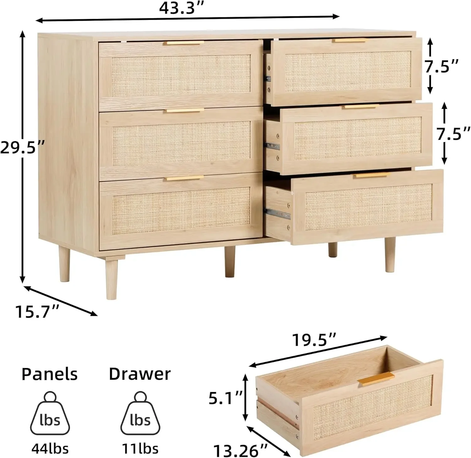 6 Drawer Dresser Rattan Dresser Modern Chest with Drawers,Wood Storage Closet Dressers Chest of Drawers for Bedroom,Living Room