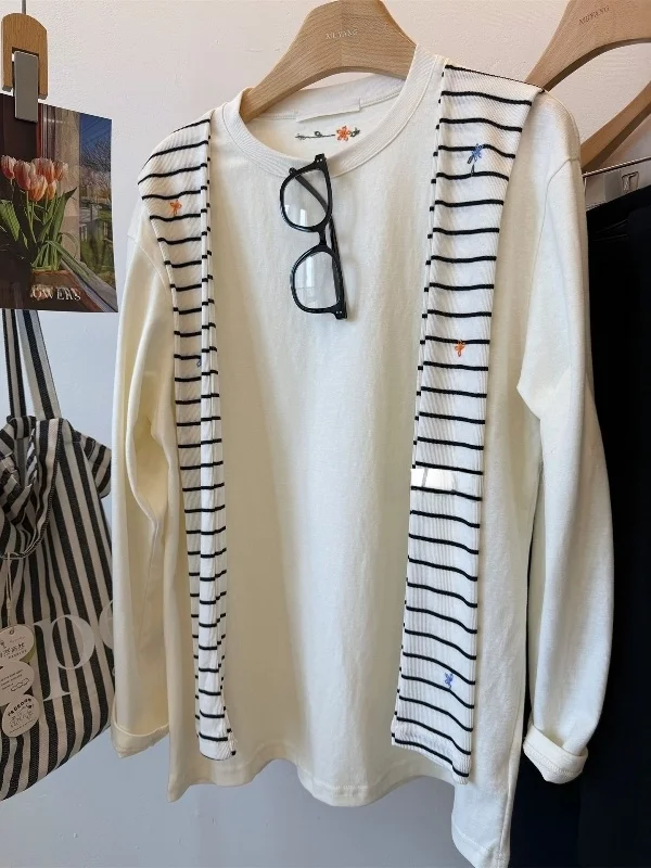 plus Size 300 Pou Embroidered Striped Casual Loose Long Sve T-irt Women's Spring Autumn Sle Comfortable Breathable