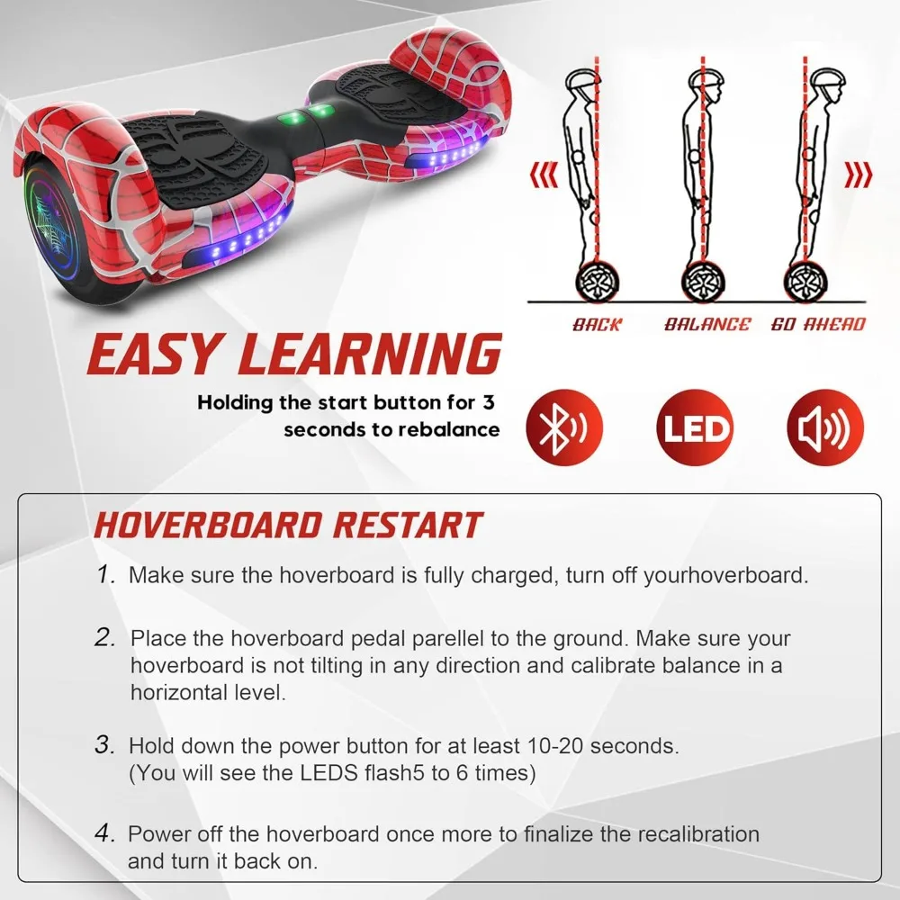 Hoverboard Spider-Pattern per bambini dai 6 ai 12 anni, con altoparlante Bluetooth e luci a LED Hover Board da 6.5 ", certificato di sicurezza UL2272