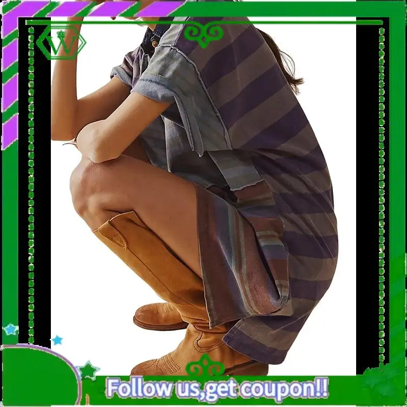 A18P-Women Contrast Striped Babydoll Y2k Summer Patchwork Mini T- Shirt Vintage V Neck Short Sleeve Dress