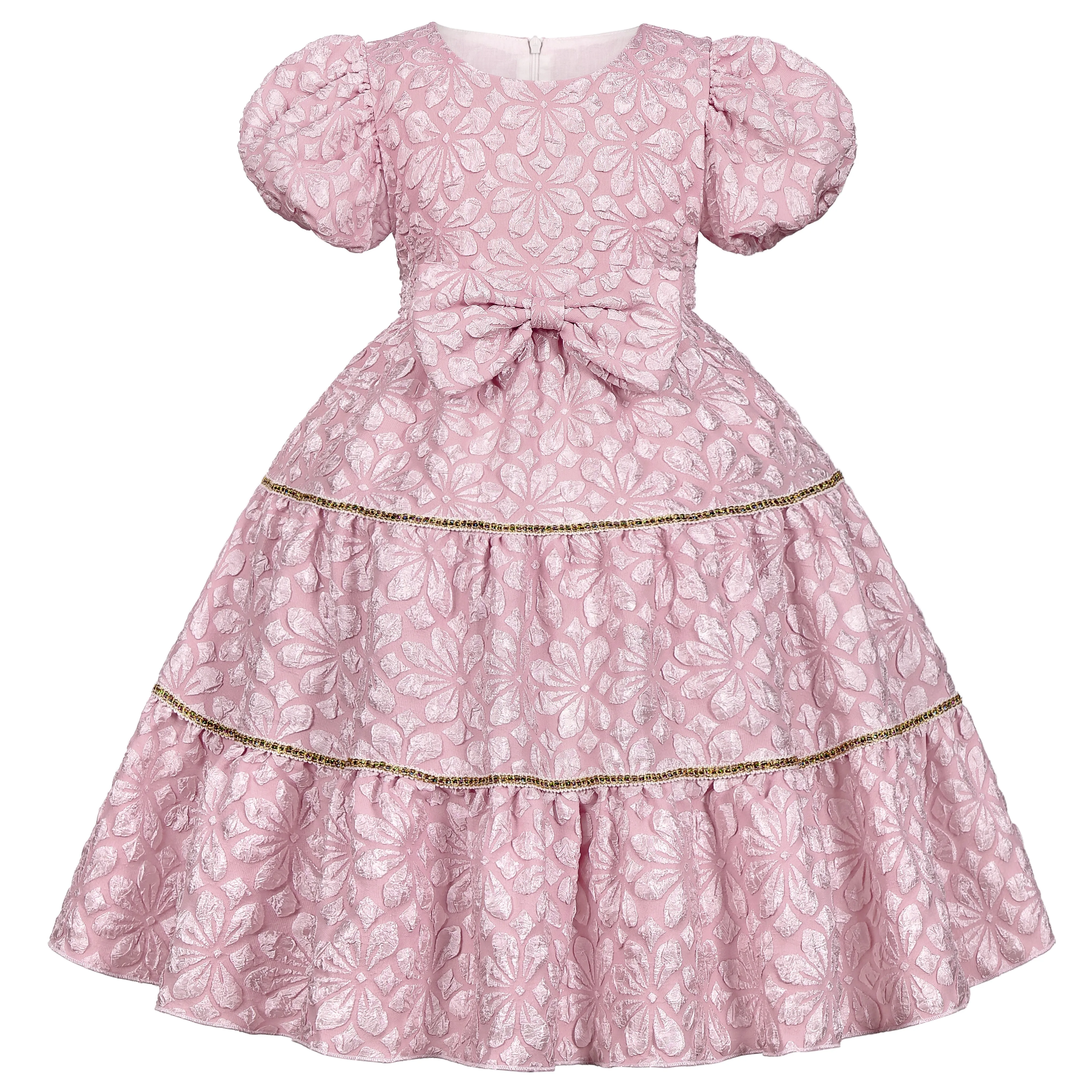 2026 New Europe and America Holiday Party Children's Dress Bubble Sleeve Dress Bow Princess Dress