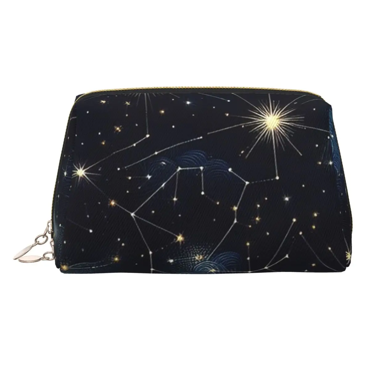 Night Sky Golden Celestial Stars Zodiac Constellations Women Cosmetic Bags Travel Makeup Organizer Pouch Toiletry Storage