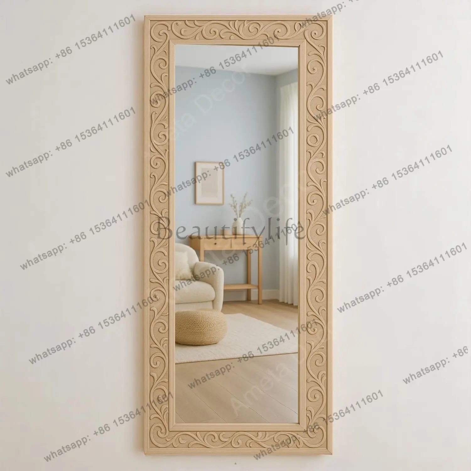 French retro square carved floor mirror wall-mounted home living room bedroom full-body mirror