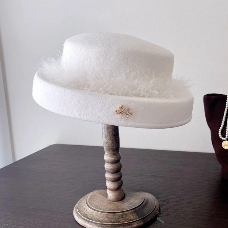 Women Round Concave Wool Berets Fedoras British Retro Felt Beret Lady Sailor Hat Elegant Trend Pillbox Cocktail Wedding Hat
