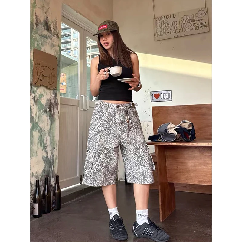 American Retro Leopard Print Workwear Seven-Foot Pants Loose Design Women's Multi-Pocket Denim Shorts Casual Trousers Summer