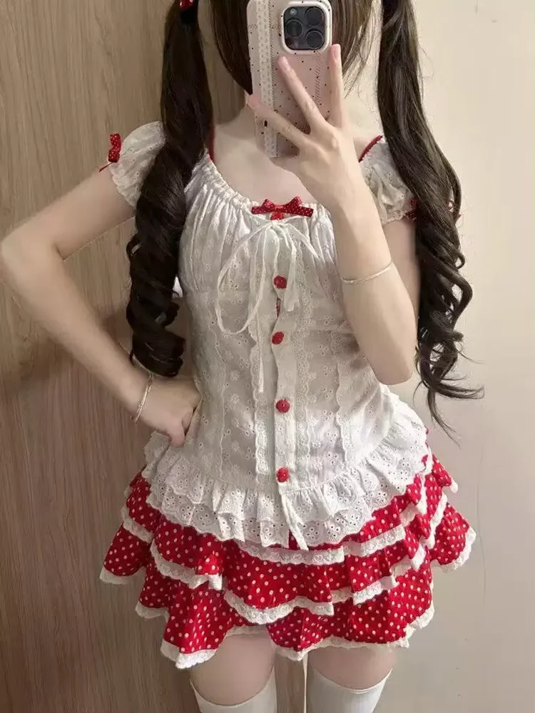 Kawaii Y2K Red Polka Dot Tiered Cake Mini Skirt Elastic High Waist White Lace Ruffle Trim Flowy A-Line Girly Summer Street Skirt