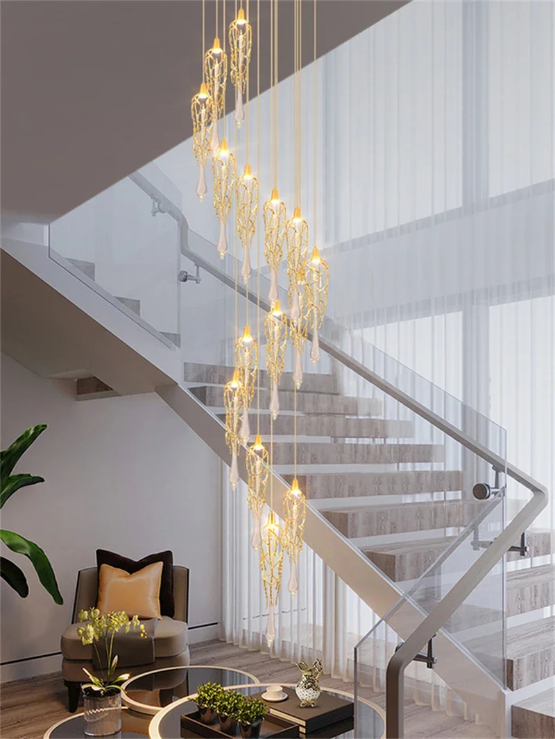 Candelabro LED de Cristal de ramas modernas para escalera, lámparas colgantes de Arte largo de Cristal de lujo, accesorios de iluminación grandes para interiores en espiral