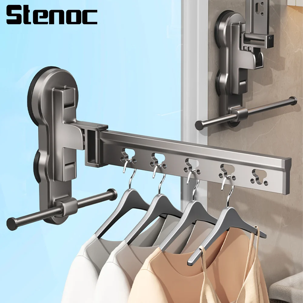 Grey Telescopic Suction Cup Drying Rack Folding Invisible Wall Mounted Balcony Space-Saving Laundry Hanger Travel Clothes Rack