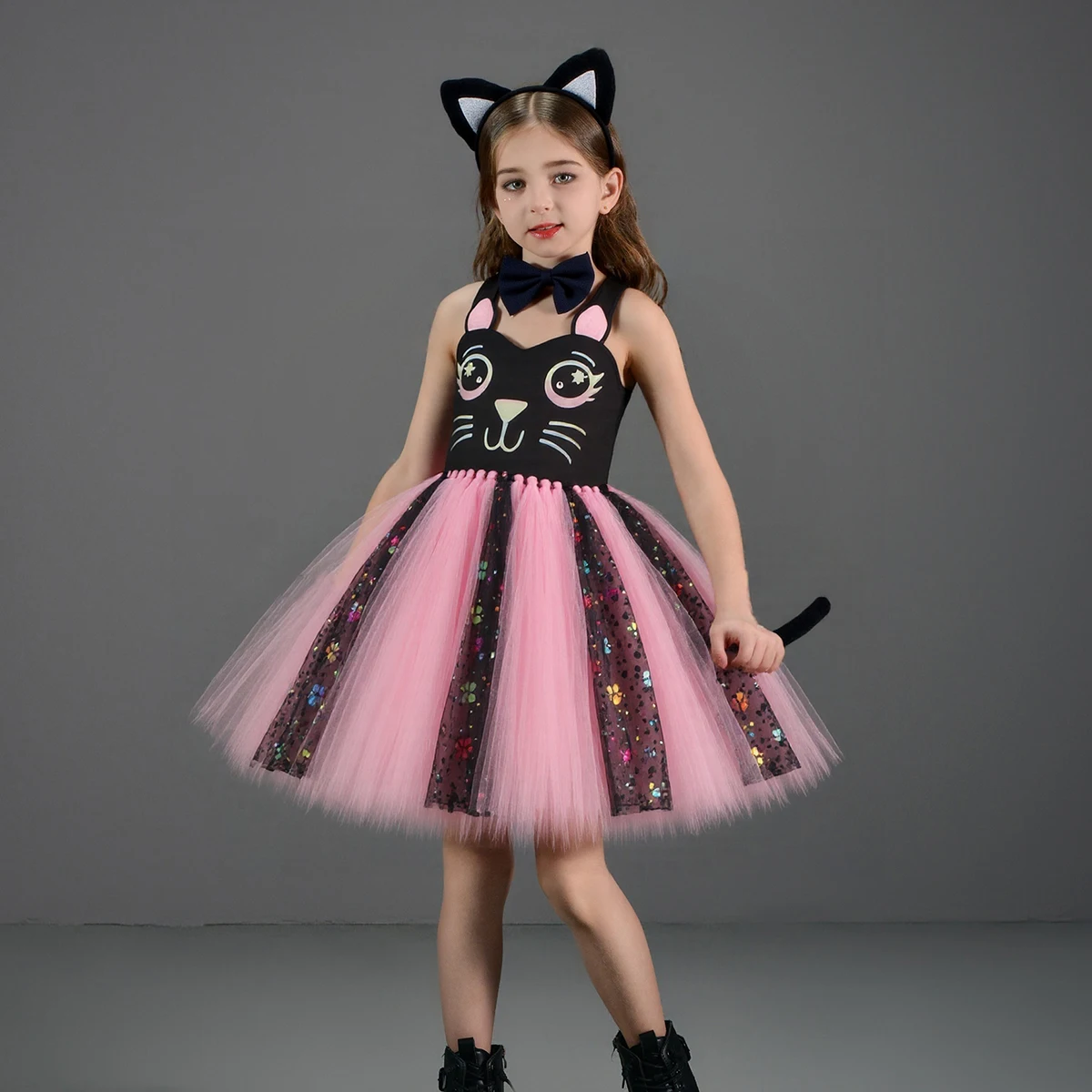 Pink Black Cat Tutu Dress for Baby Girls Halloween Dress up Costume Kids Animal Kitty Birthday Outfit with Ears Ears Bowtie Tail
