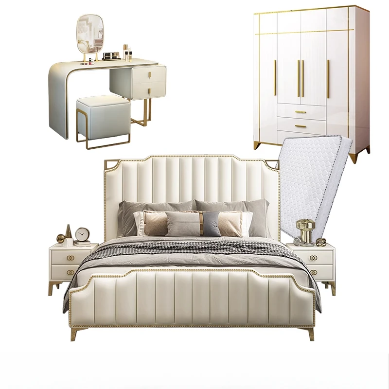 Light luxury master bedroom Internet celebrity ins wind princess bed, Nordic solid wood double leather art wedding bed