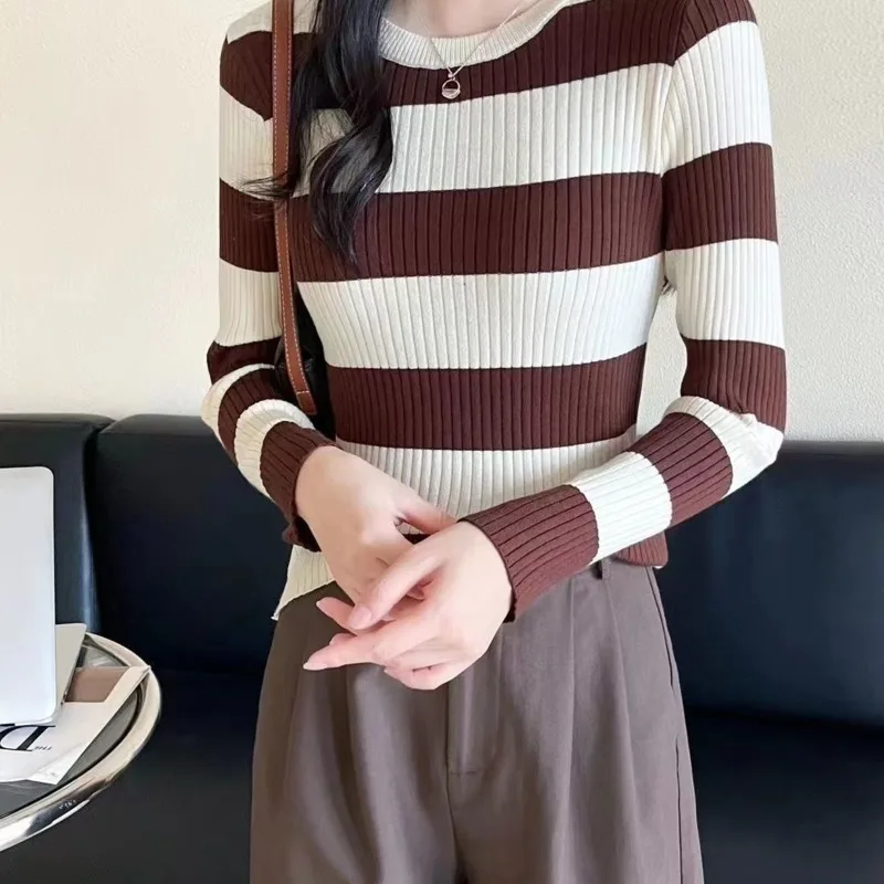 Sweater Women's Knitted Pullover Fashion Color Blocking Stripes O-neck Sweater Vintage Chic Basic Knitted Top Clothing