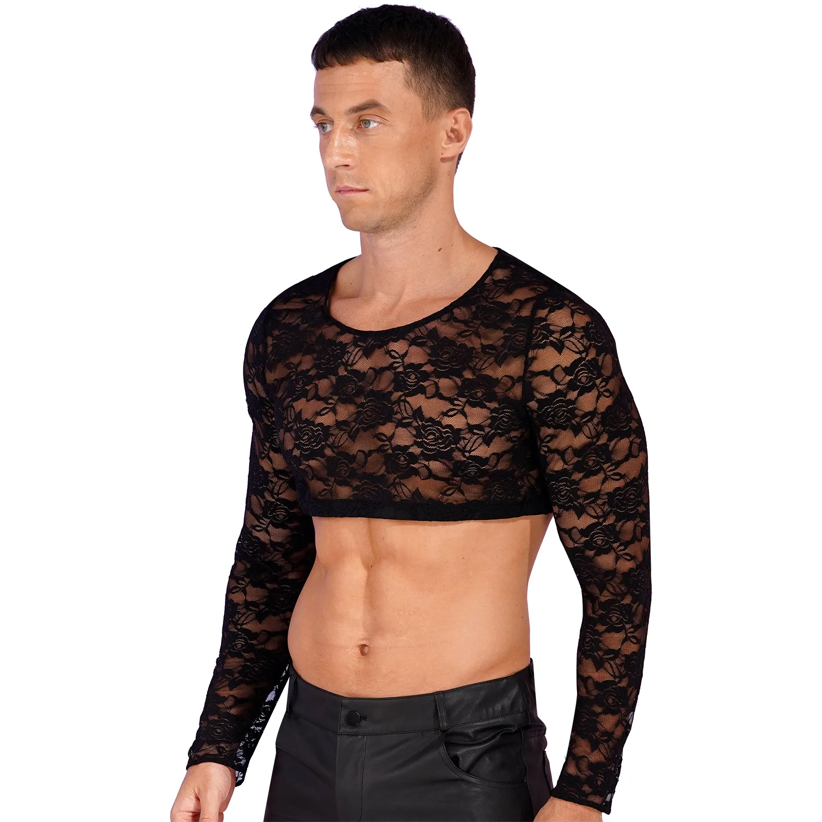 Mens Transparent Long Sleeve Crop Tops Blouse Mesh Sheer Floral Lace Crop Top Short Scoop Neck Shirt T-shirts Sissy Lingerie