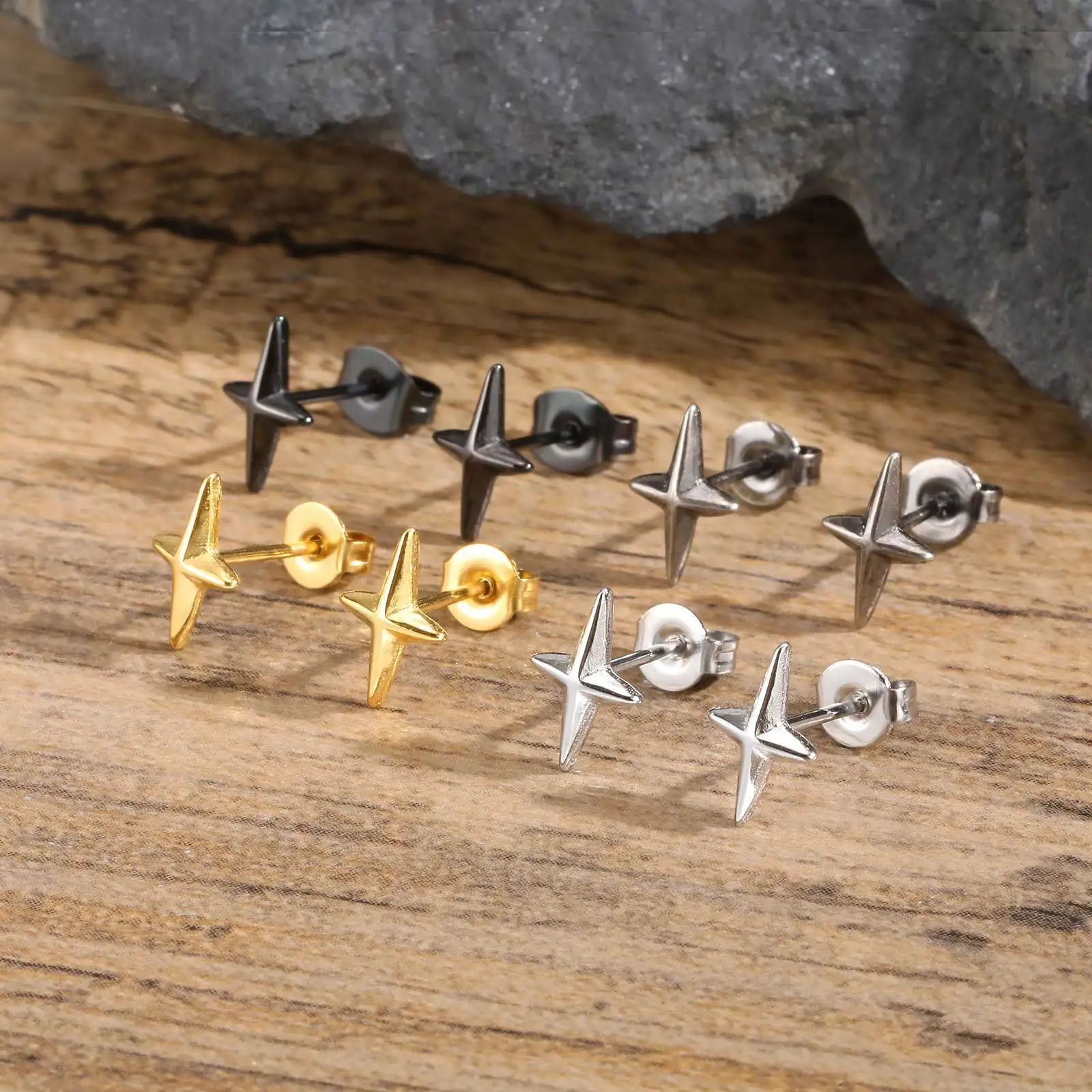 Black Star Stud Earrings for Men Boys,Stainless Steel Four Point Star Earring,Trendy Hiphop Jewelry