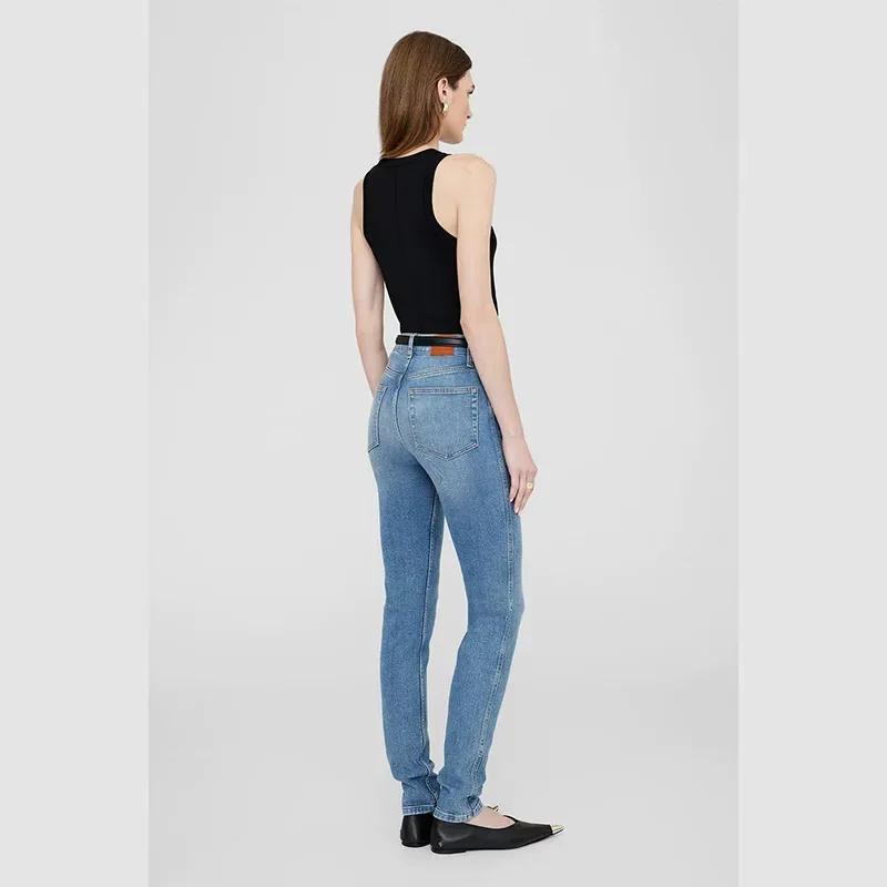 2025 Early Spring New North American Niche Mid-waist Washing Water Blue Ma Liu Elastic Women's Small Foot Jeans Trousers