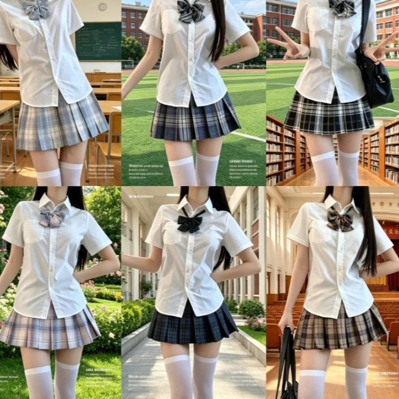 Japanese JK Uniform Set,White Short Sleeve Shirt&Solid Color Pleated Skirt,Preppy Style Outfit for Student Daily Campus Wear