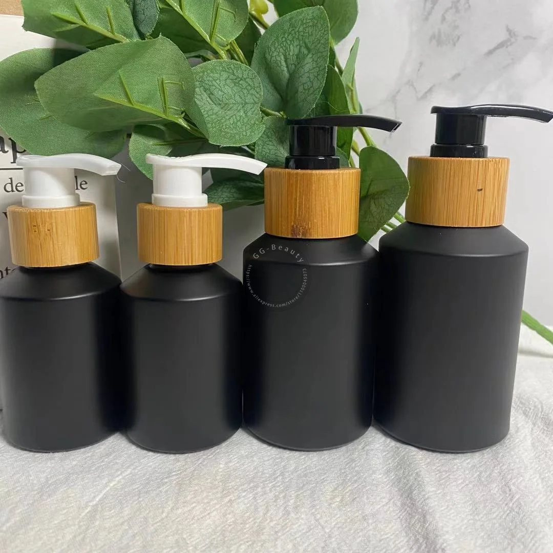 5Pcs Empty 60/100ml Natural Bamboo Frosted Black Oblique Shoulder Glass Serum Dispenser Pump 2 OZ  Skin Care Toner Liquid Bottle