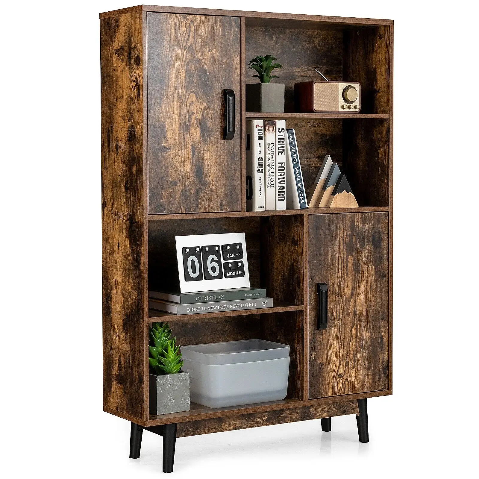 GOFLAME Floor Storage Display Cabinet, Wooden Bookshelf Sideboard w/ 2 Doors & 4 Open Shelves