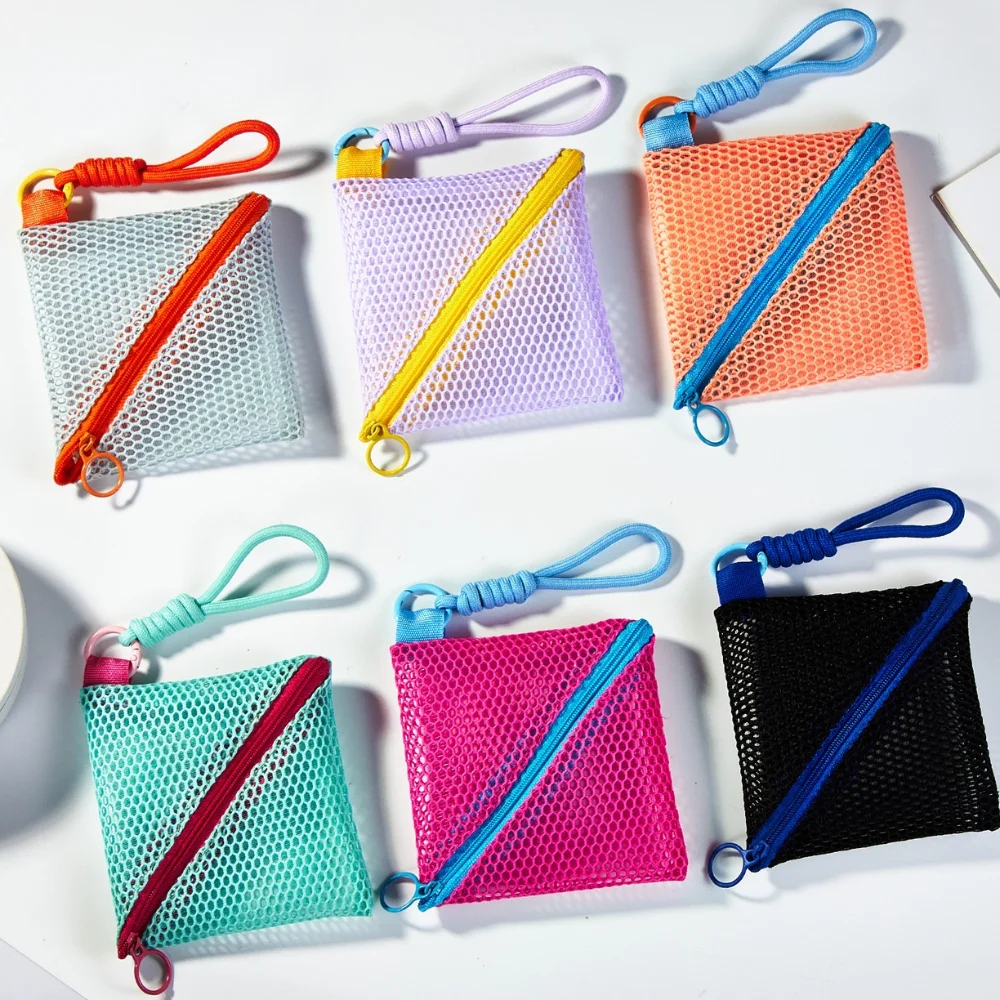 

Light Weight Kawaii Clear Mesh Bag Dopamine Color Rope Design Mini Coin Purse Solid Color Portable Lipstick Cosmetic Bag Gift