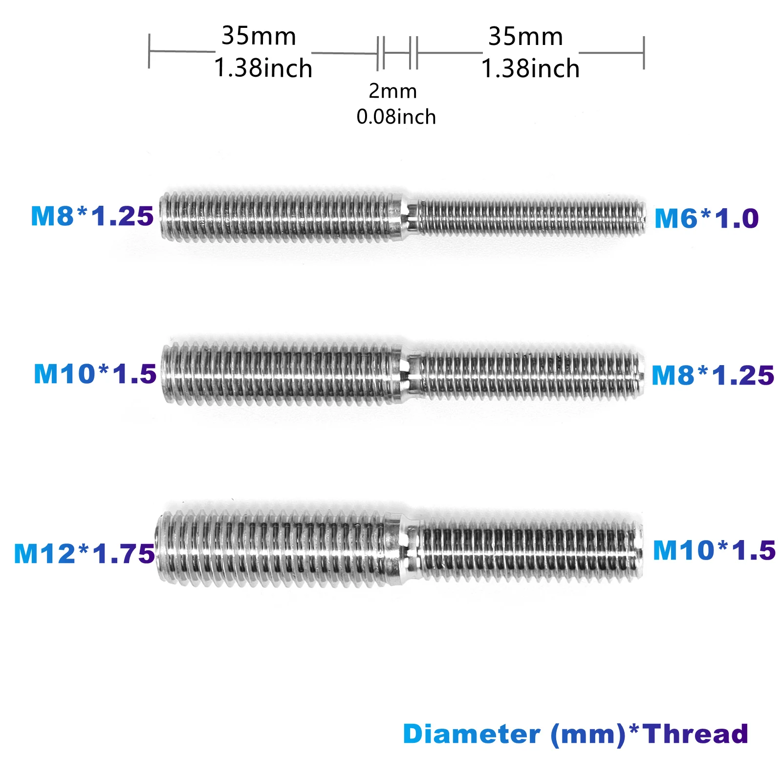 4Pcs Double End Screw Bolts 304 Stainless Steel M6*1.0 to M8*1.25/M8*1.25 to M10*1.5/M10*1.5 to M12*1.75 Threaded Stud Fasteners