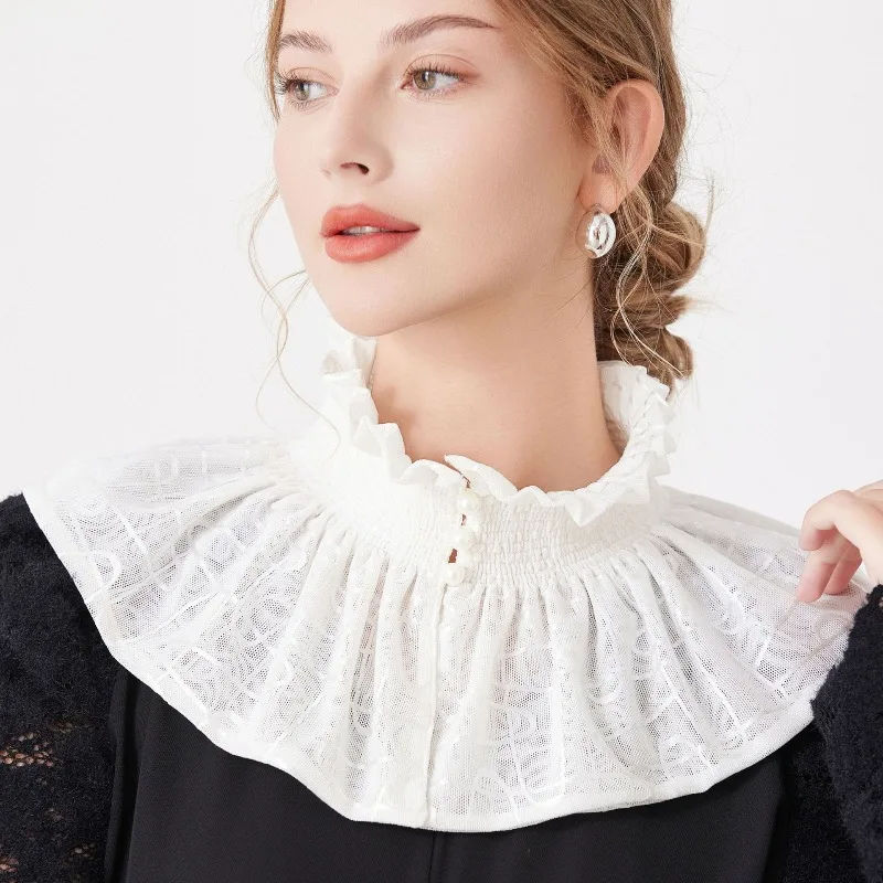 Luxurious Pearl Button Design Shapely Cape-like Collar Adjustable Neckband, Neckguard with Pleated Folds Stand-up Collar