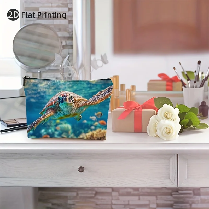 Bolsa de maquiagem com padrão de tartaruga subaquática e recife de coral - bolsa multifuncional com zíper, bolsa de armazenamento de joias, zíper de viagem perfeito