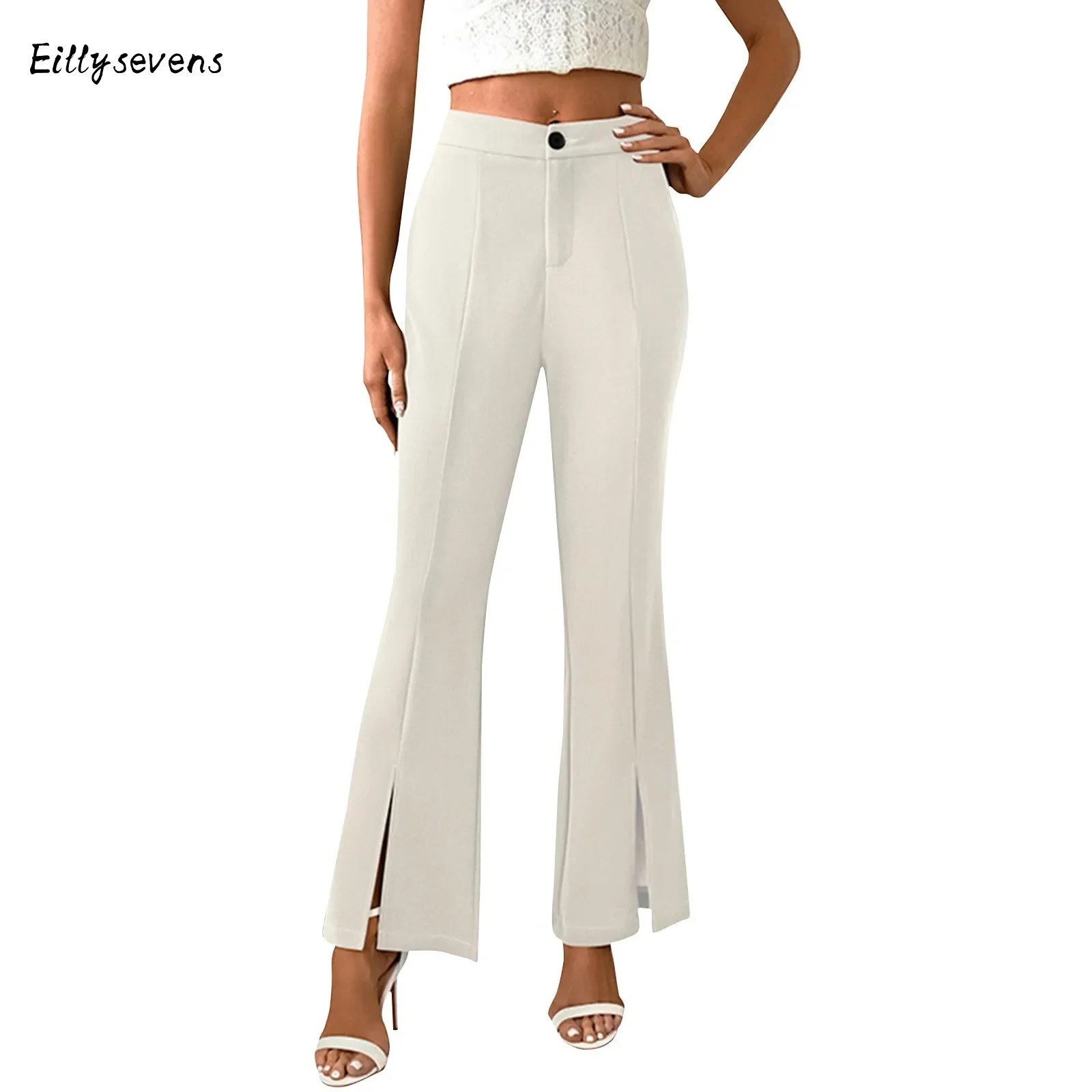 

Women'S Micro Flared Pants Summer Casual Comfortable High Waisted Button Elastic Straight Slim Fit Flared Pants Solid Slit Pants