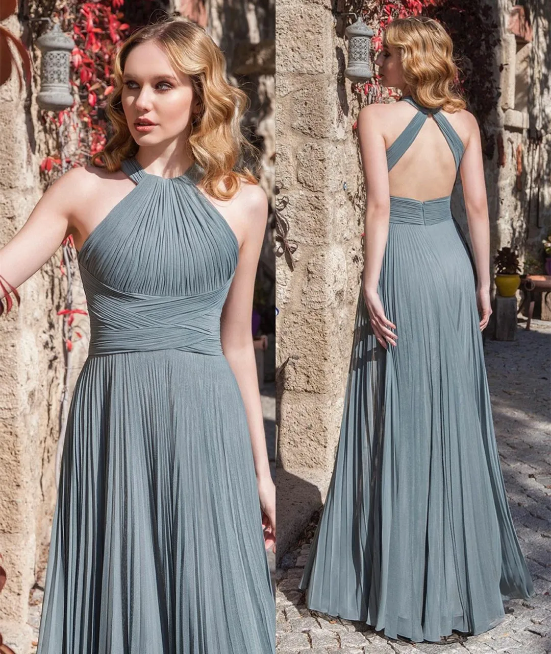 

Customized Long Halter Chiffon Evening Dresses A-Line Open Back Pleated فساتين سهرة Zipper Prom Dress Abendkleid for Women