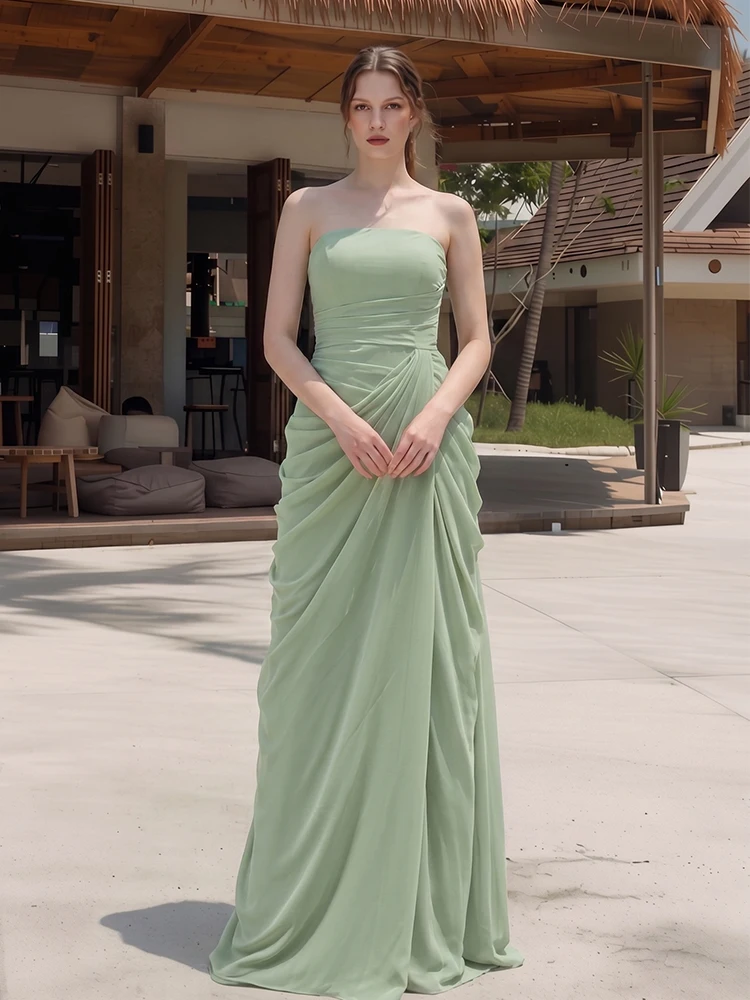 Strapless Sage Green Bridesmaid Dress Chiffon Pleated High Split Long Evening Gown Formal Party Maxi Dresses for Women
