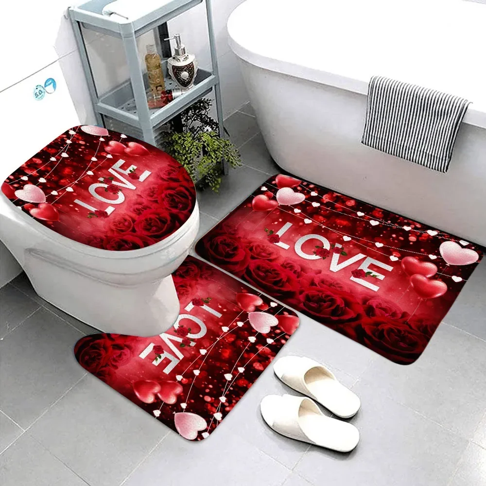 Valentine\'s Day Bathroom Rug Set Holiday Gift Bathtub Decoration Bath Mat Toilet Mat Set Bathroom Drill Decoration