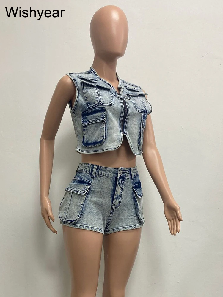 Sexy Stretch Denim Pockets Sleeveless Vest Jackets Crop Tops and Shorts Jeans Women Two 2 Piece Set Birthday Club Beach Outfits