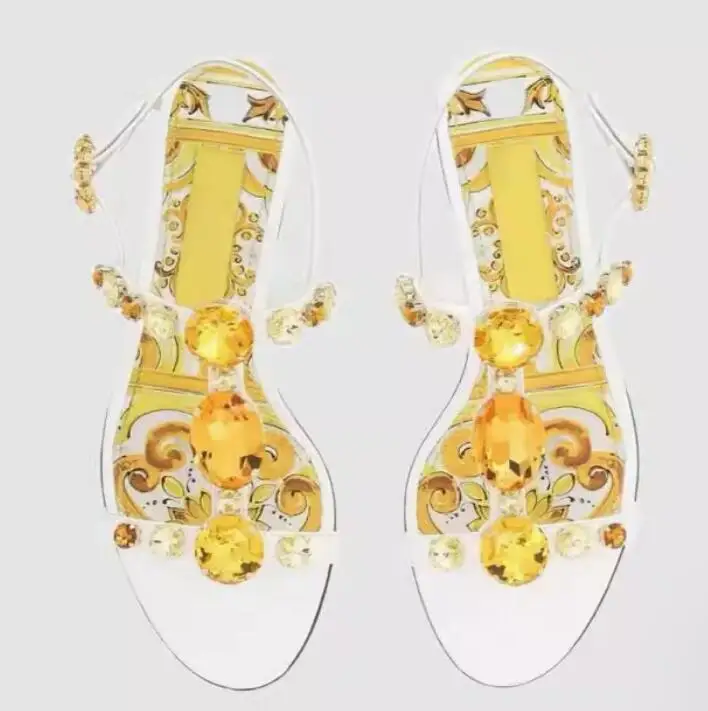 

Yellow Diamond Rhinestone T- Strap Porcelain Flower Printing flat Sandals Floral Crystal Buckle Peep Toe Bohemia Sandalias