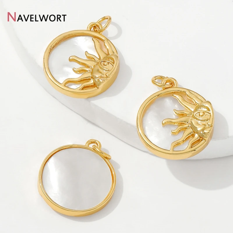 18K Gold Plated Brass Metal Sun Charms Pendant,Natural Shell Round Pendants,DIY Jewelry Material,DIY Necklace Making Accessories