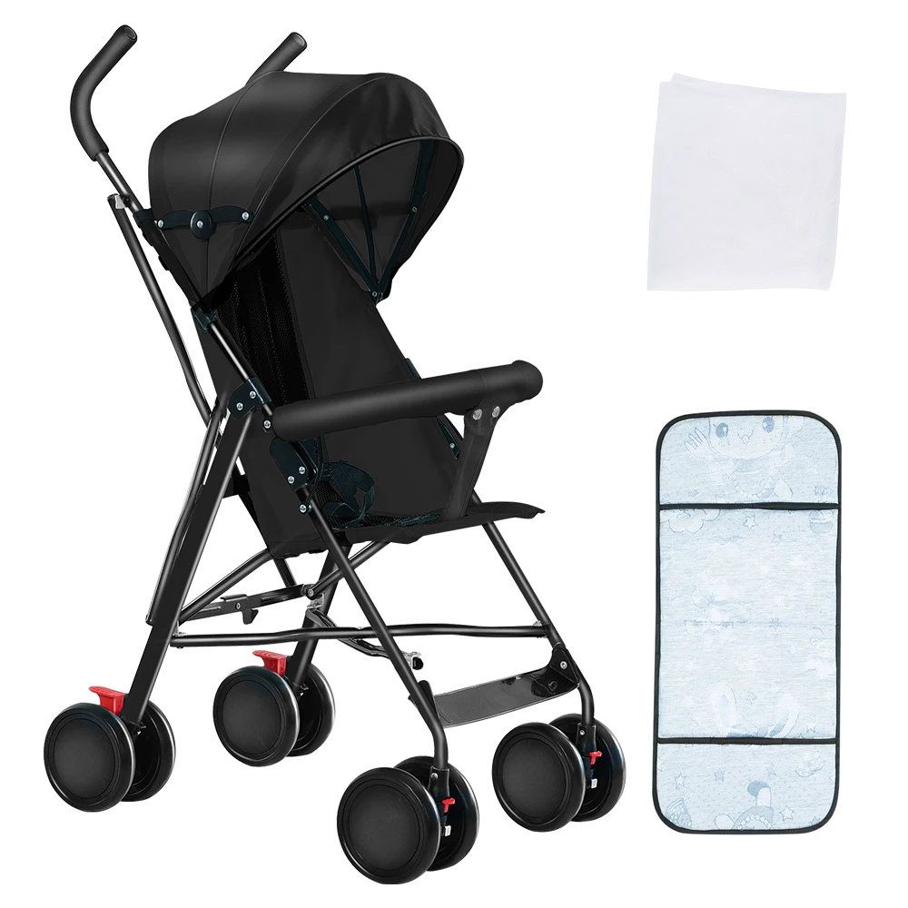 Poussette, pour les enfants de 0 à 4 ans, avec capote réglable, coussin d’assise confortable, matériau absorbant les chocs et résistant à l’usure, EVA, poussette à 4 roues, position assise, parasol, moustiquaire en coton, poche arrière, compacte et pliable.