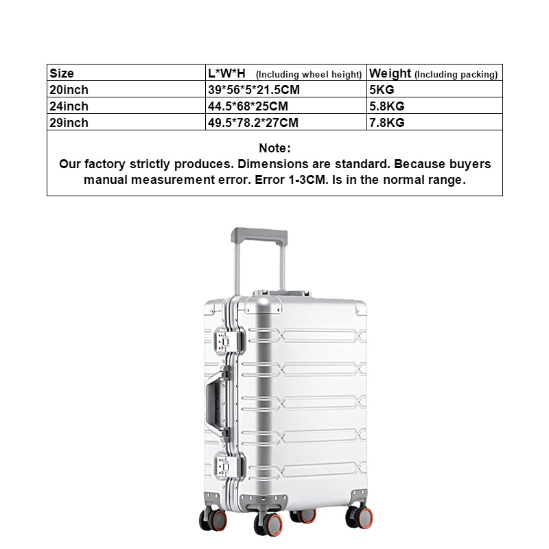 20/24/29 Inch Large Capacity Durable Luggage Set Aluminum Suitcase Business Carry-On Aluminum-magnesium Alloy Luggage Travel