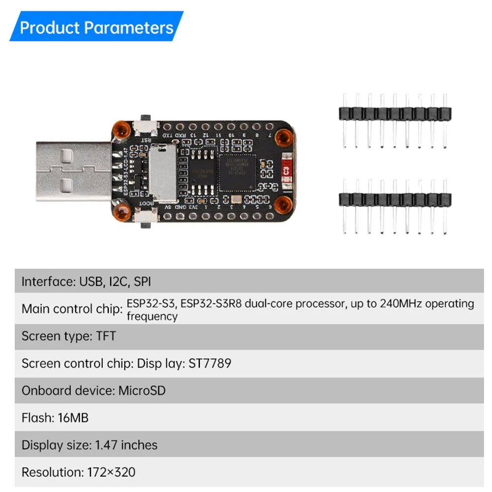 Scheda di sviluppo ESP32-S3 display LCD da 1.47 pollici a bordo RGB color beads porta scheda Micro SD porta seriale USB a piena velocità