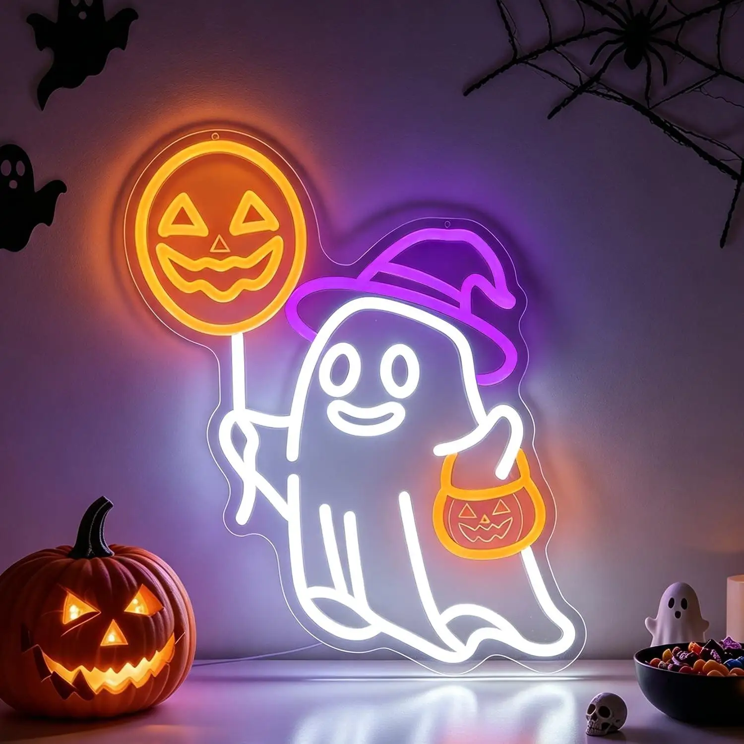 Witch Hat Ghost Neon Sign Usb Dimmable Led Wall Light Halloween Themed Decor For Bedroom Game Room Bar Party Gift Night Light
