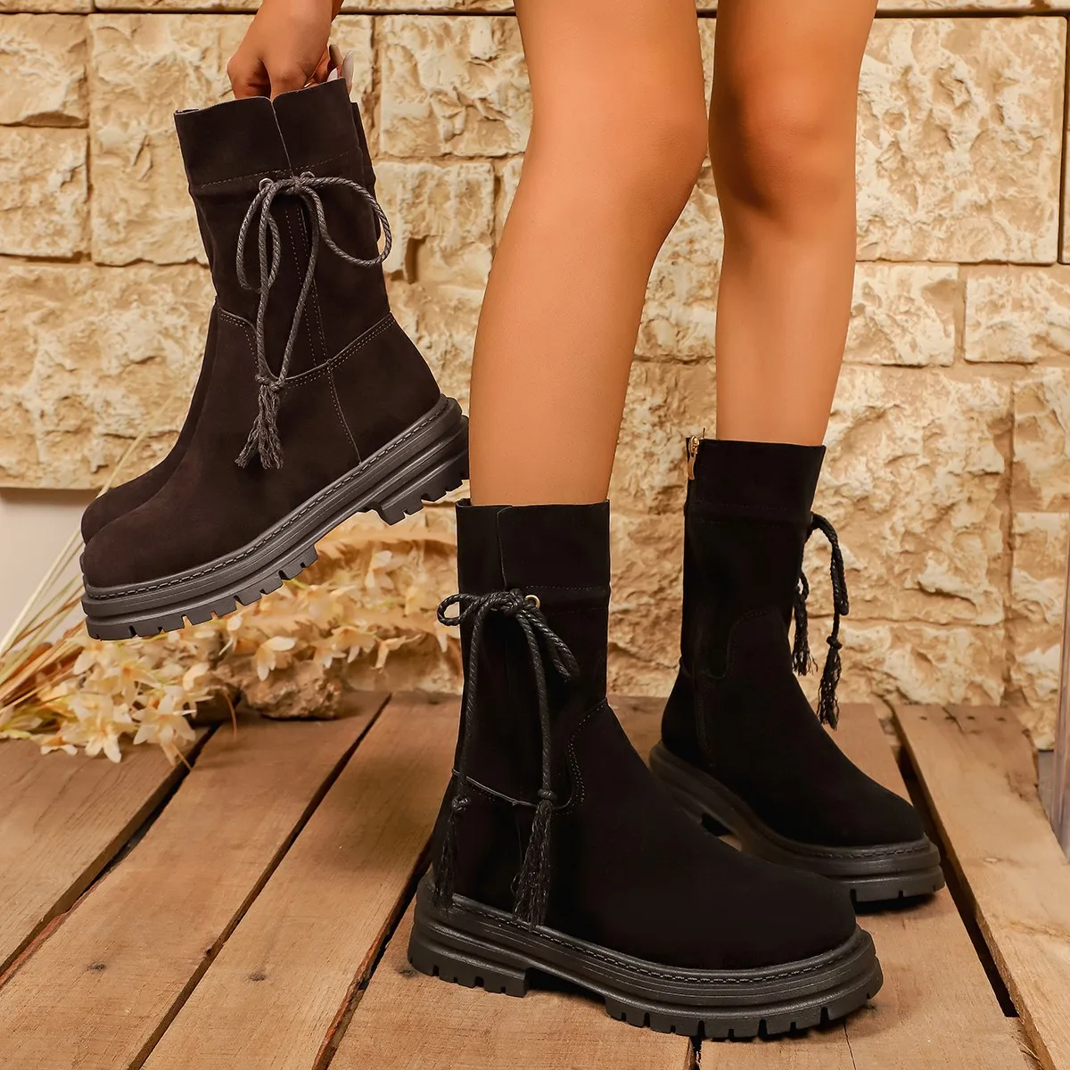 Winter Non-slip chunky-square-heel round head Lace-Up side zipper Mid boots Fashion outdoor knight boots Western Botas Mujer