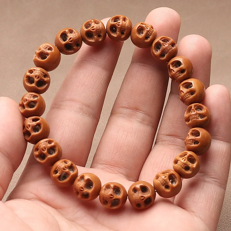 Carved Walnut Skull Prayer Beads Bracelet Hollow Design Smooth Luck Bracelet for Men and Women to Play with Gifts