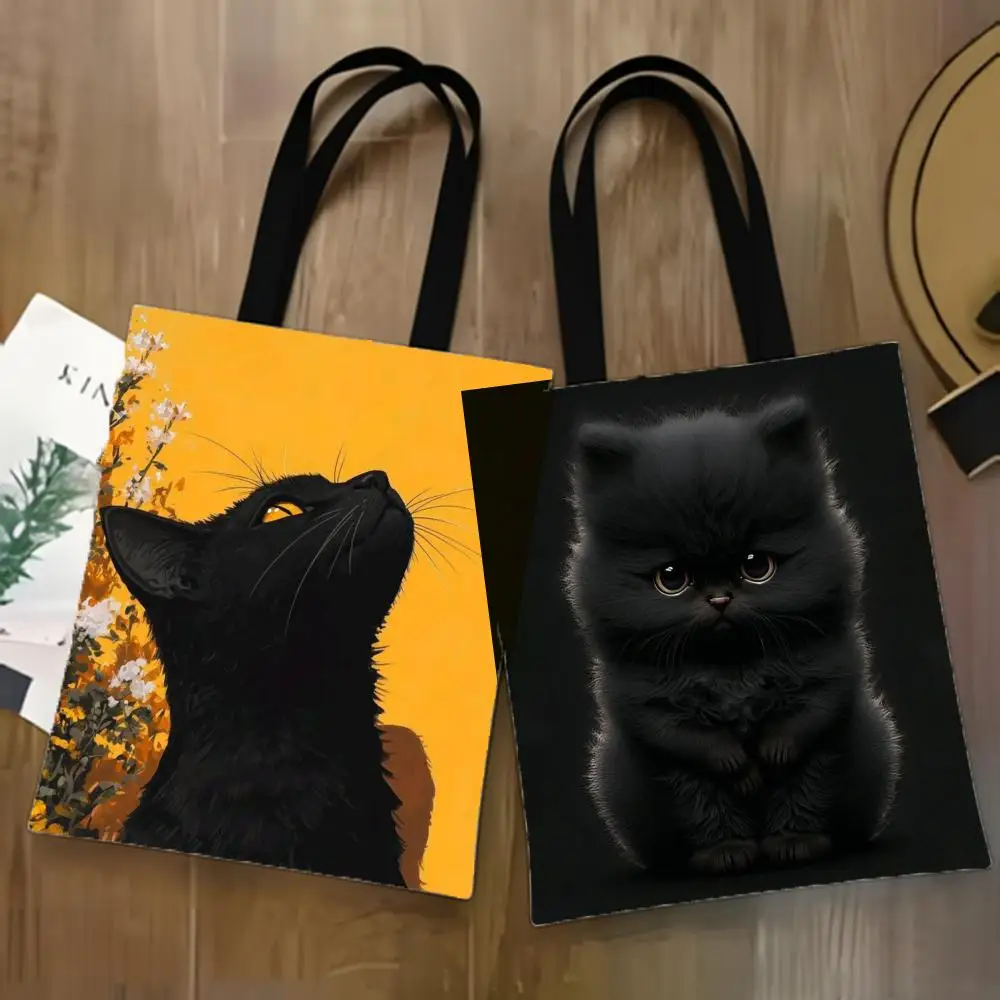 Black Cat Storage Bags Lightweight Canvas Tote Bag Large Capacity Shoulder Shopper Fashion Eco Multi-Purpose Handbag