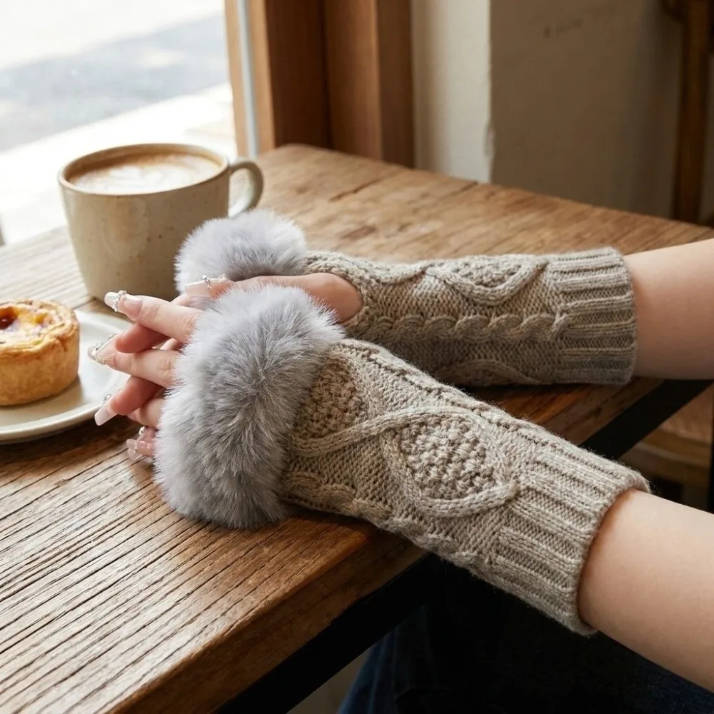 French Style Cable Knit Fingerless Arm Warmers Faux Fur Cuff Warm Half Finger Gloves Rhombus Pattern Soft Sleeve Cover Outdoor