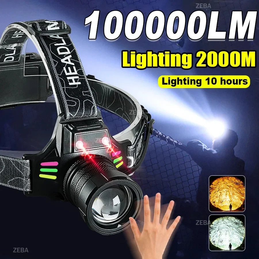

New 100000LM 2LED Ultra Powerful Headlamp Headlight Head Lantern Front Light Type C Rechargeable LED Head Flashlight For Fishing