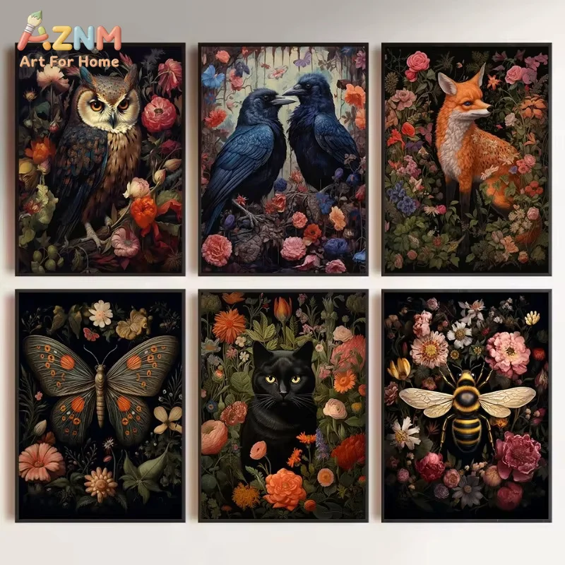 Vintage Floral Gothic Woodland Animals Fox Bee Owl Crow Illustration Aesthetic Canvas Poster Wall Art Pictures Home Decor