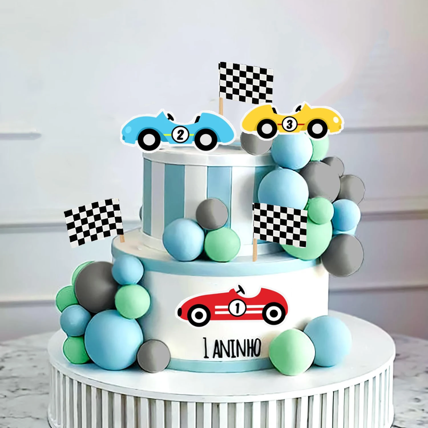 28pcs Two Fast Racing Car Cake Topper Blue Gray Grass Green Balls Cake Toppers for Kids Birthday Party Baby Shower Decoration