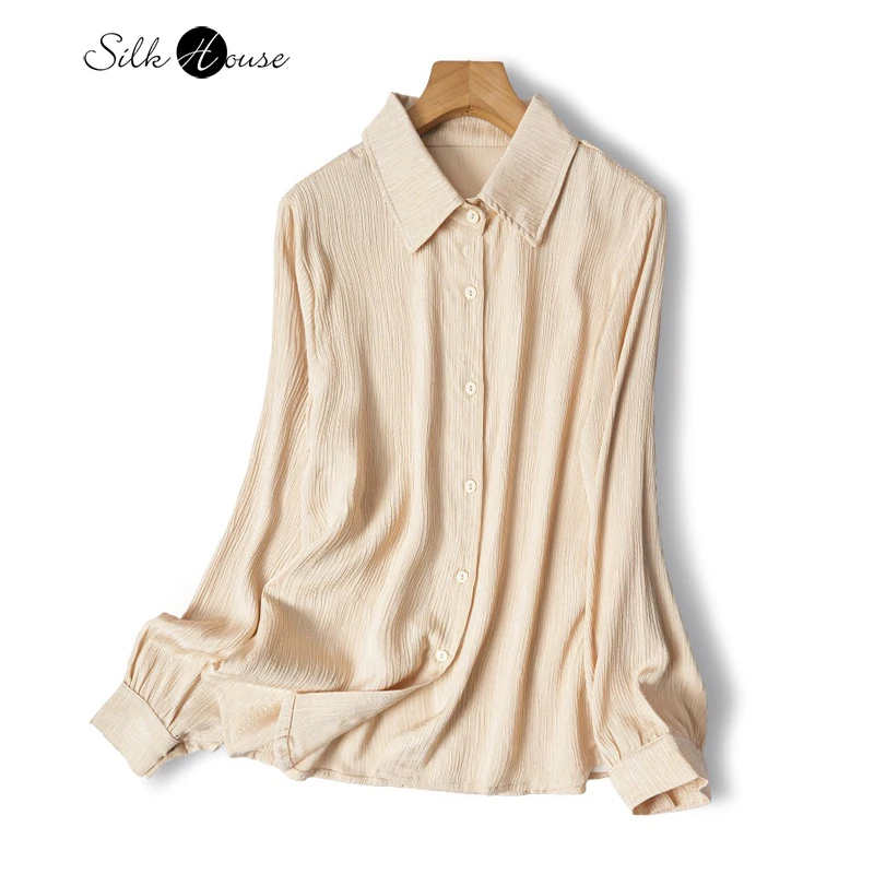 

Light Luxury Texture Relief Three-dimensional 93% Natural Mulberry Silk Elastic Bark Crepe Women's Long Sleeved Office Shirt