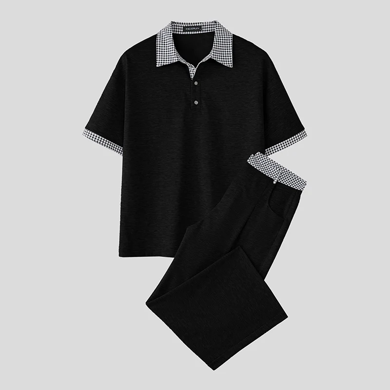 

INCERUN Men Sets Patchwork Lapel Short Sleeve T Shirt & Pants Two Pieces Sets Streetwear Loose 2025 Fashion Men's Casual Suits