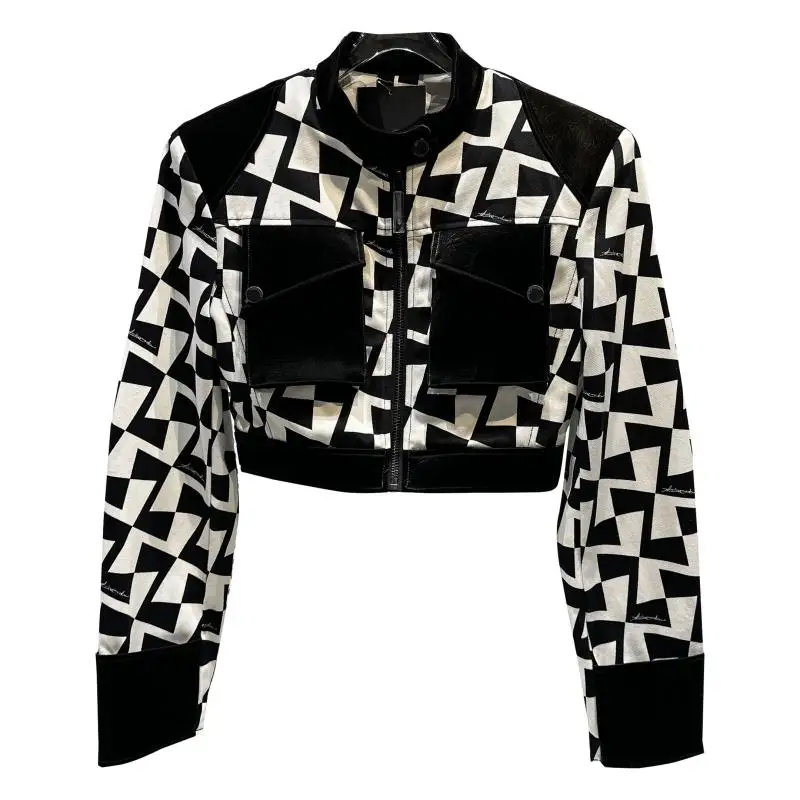 Moda Bla blanco a cuadros hombrera de cuero Jaet ort prendas de vestir exteriores cuello alto chica picante Sle viaje viento Regular Sve