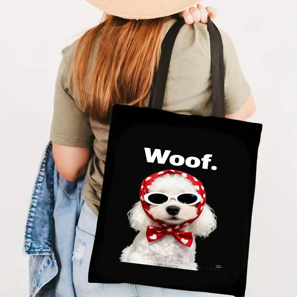 

Stylish Dog Print Reusable Canvas Tote Bag, Large Capacity Shoulder Bag for Daily Shopping & Outdoor Use