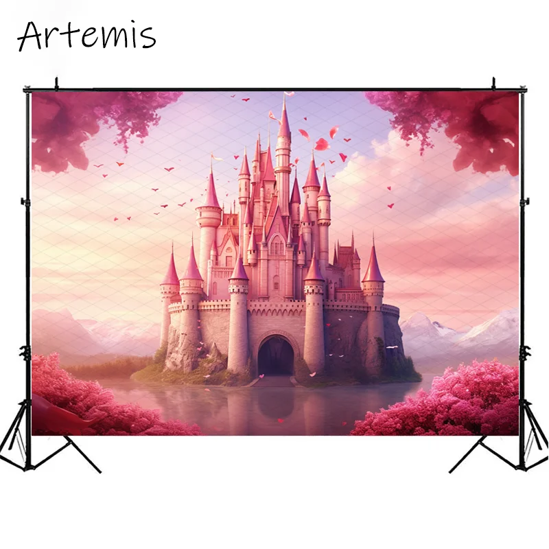 Valentine's Day Backdrop Castle Hearts Spectacular Light Pink Romantic Love children's Birthday Portrait Background Photo Studio