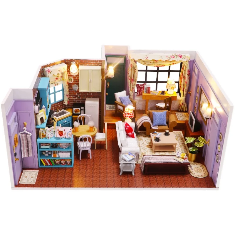 New Wooden Doll House Miniature With Furniture Kit Monica's Apartment Dollhouse DIY Assembly Toys Children Christmas Gift Casa